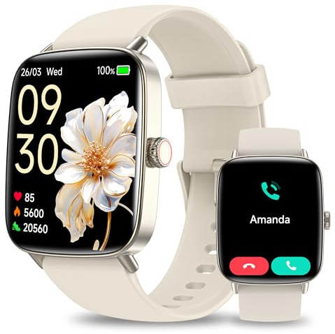 Yoever Smartwatch Damen mit Telefonfunktion - 1.85 Fitnessuhr Damen mit Herzfrequenz SpO2 Schlafmonitor, 110+ Sportmodi Schrittzähler Uhr, IP68 Wasserdicht Smart Watch für Android iOS Beige
