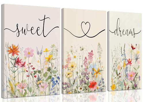 Framed Sweet Dreams Wall Art Set of 3, Colorful Wildflower Prints