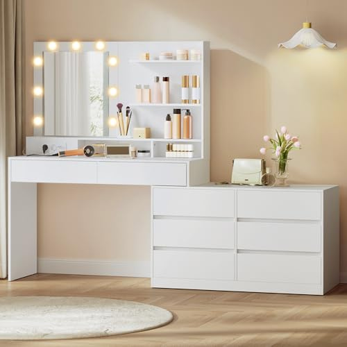 VASAGLE Kailyn Collection - Coiffeuse avec Miroir LED et Multiprise, 9 Ampoules, 8 Tiroirs, 3 Étagères, Éclairage 3 Couleurs, Modulable en Ligne ou en L, Table de Maquillage, Blanc Nuage RDT140WB01