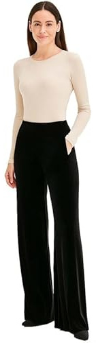 Women’s Velvet Palazzo Trousers, Soft Stretch Velour Pull-On Pants with Pockets, Elegant Comfortable Bottoms for Casual, Office or Evening Wear with a Chic Sophisticated Look Black