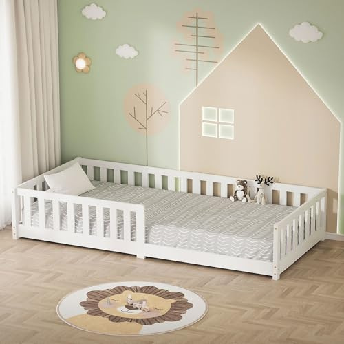 ML-Design Barnsäng 90x200 cm Vit, Golvsäng för Småbarn med Starkt Lattenrost och Rausfallskydd, Junior Säng i Hållbart Massivt Furu Trä, Enkel Bekväm Säng för Pojkar och Flickor med Robust Sängram