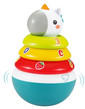 Hola - Torre De Aros Apilable Para Bebes - Juego Educativo Con Diseño De Unicornio - Juguete Tentetieso Sensorial - Sonajero - Torre De Equilibrio - Regalo Bebe +3 Meses
