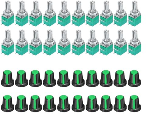 sourcing map 20 Set B500K Ohm Potentiometers with Switch, 5 Pin Variable Resistors Single Linear Turn Rotary Potentiometer Kit with Knob Cap for Amplifier Volume Control, RV097NS, Black/Green
