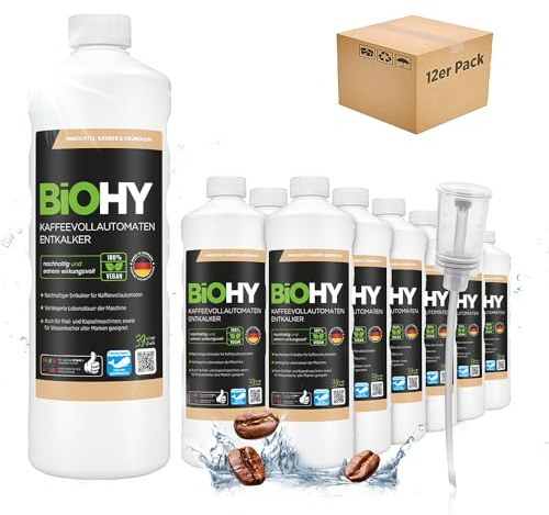 BiOHY Helautomatisk avkalkare för kaffemaskin (12 x 1l flaska) + doser | Idealisk för avkalkning av alla kaffe- och espressomaskiner | Passar alla välkända märken (Kaffee Entkalker)