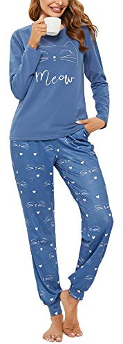 Sykooria Pyjamas dam vinter bomull nattkläder långärmad rund hals set 2 delar mjuk och bekväm S-XXL, Mörkblå, L