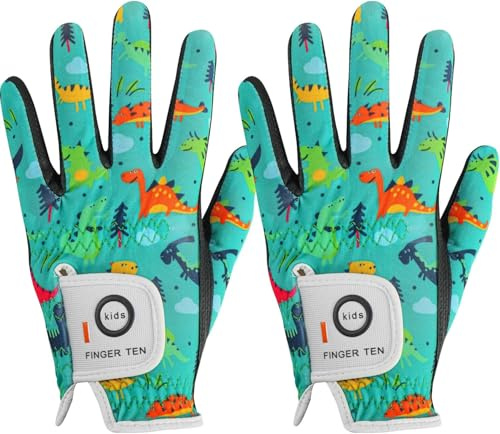 FINGER TEN Golf Gloves Kids Youth All Weather Soft for Left Right Hand Rain Grip Breathable Value 2 Pack, Golf Gloves Kid for Wear-Resistant Non Slip (Green, Medium, Left)