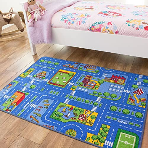 Children’s Blue Roads Car Activity Play Mat Educational Toy Nursery Room Bedroom Educational Animal Rug 100cm x 165cm