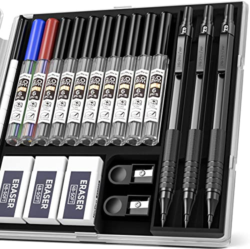 Nicpro 3 Pezzi Metallo Matite Meccaniche con Temperamatite, Matite Falegname con Gomme, Portamine 2mm con 10 Tubo Grafite Mine (HB 2H 4H 2B 4B) per Scrittura Artistica, Disegno, Schizzi