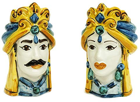 Coppia teste di moro Caltagirone giallo in ceramica siciliana vasetti piccoli 15 cm