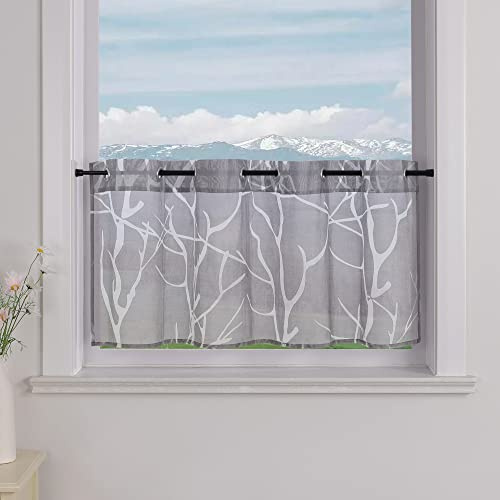 Delien Voile Net Curtain with Eyelets Bistro Curtains Country House for Kitchen Transparent Short Curtain Modern Curtain Zweig Small Window Short Curtain W x H 140 x 60 cm, Grey