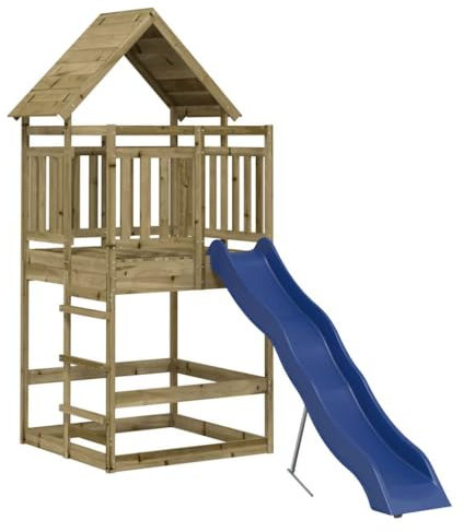 vidaXL Outdoor Playset, Garden Playhouse with Wave Slide, Play Tower for Age 4 and Over, Wooden Playground Equipment, Impregnated Wood Pine