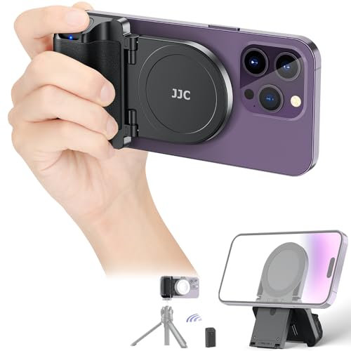 JJC Magsafe Magnetischer Handy Griff mit Bluetooth Fernbedienung für iPhone 15 14 13 & Android Smartphone, Handy Ständer Tisch & Handy Stativ Adapter – Schwarz