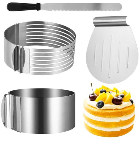 Tutamaz Torten Zubehör Set, 4 Stück Torten-Set mit Tortenboden Schneidehilfe+Tortenmesser Lang+Tortenheber+Tortenring Verstellbar hoch Edelstahl Tortenzubehör Backzubehör Ostern Backen Zubehör