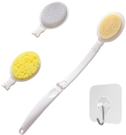 KSBBHDS 1 spazzola per doccia con 1 gancio autoadesivo trasparente, spazzola per la schiena con manico lungo, spazzola per la pulizia del corpo, spazzola per la schiena pieghevole