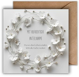 Trauer Karte mit Umschlag - einfühlsame Trauerkarte zarter Blumenkranz aufrichtige Kondolenzkarte besinnliche Beileidskarte Gedenkkarte Beileid Trauerfeier Beerdigung Anteilnahme (125 x 125 mm)