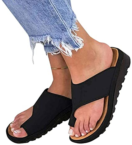 Sandalias de juanete para mujer Comfort Corrector de juanetes Zapatos planos Ortopédicos con anillo para el dedo del pie Diapositivas Zapatos de ducha ligeros para playas, negro, 38 (color: Bruin, ta