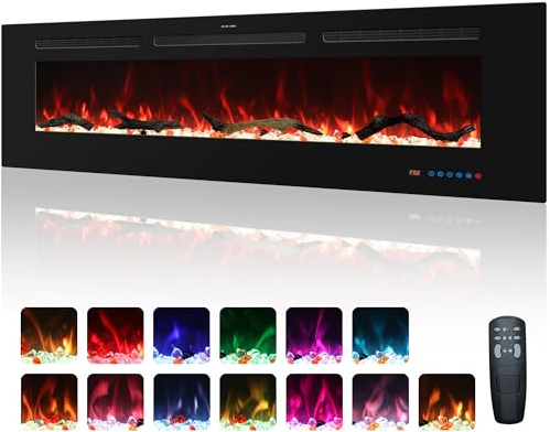 Kentsky 152 cm - Caminetto elettrico, caminetto da incasso e riscaldamento a parete, caminetto lineare da 750W/1500W con telecomando, touchscreen, 13 colori di fiamma, timer, log