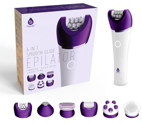 Pursonic 6-in-1 Smooth Glide Epilator for Women, Wet & Dry Electric Hair Removal Device with LED Light, Callus Remover, Exfoliating Brush, Shaver Head, Massage Attachment, Rechargeable Battery