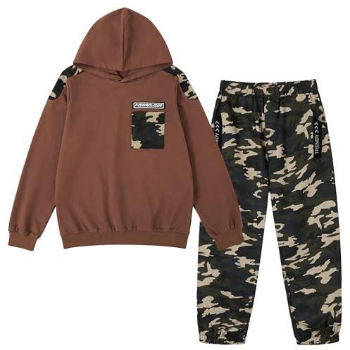LOLANTA 2PCS Tuta da Ginnastica per Bambini Felpa per Ragazzi Top con Cappuccio e Pantaloni da Cargo Mimetici, Marrone, 10-11 anni, 150