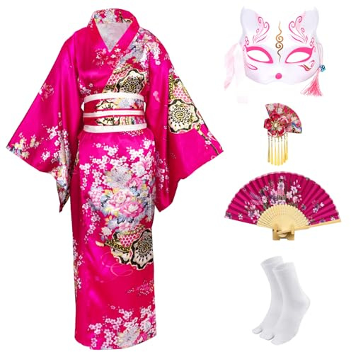 CRFASIBE 5 Pièces Kimono Japonais Femme, Tenue de Yukata Style Set avec Éventail, Maske, Cheveux, Carnaval Costume, pour Fête ou Spectacle (Rouge Rosé)