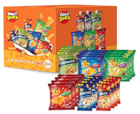 Aperisnack®- AP18.001.30- APERIBOX APERITIF 24 SNACK - Box con Snack ideali per Aperitivo, box con snack misti, snack per distributori automatici, snack per aperitivi e feste