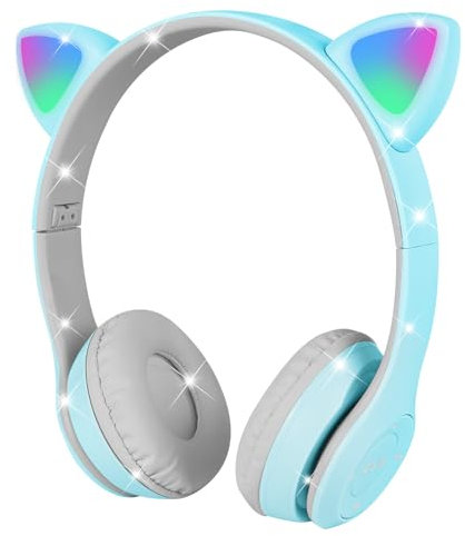 AXFEE Bluetooth Kids Headphones, LED Light Up Cat Ear Wired/Wireless Headphone, HD Stereo Sound, Foldable Children Headphone for PC Phone Ipad Study Travel School, Suitable for Girls Boys Gift (Blue)