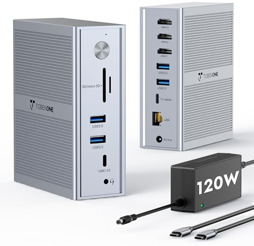 TobenONE DisplayLink Docking Station 3 Monitors, 14-in-1 Triple Monitor Dock for M1-M5 MacBook/Mac mini, Windows, Chrome (3HDMI, 120W Power Supply, 5 USB, Home Office & Professional Workspace