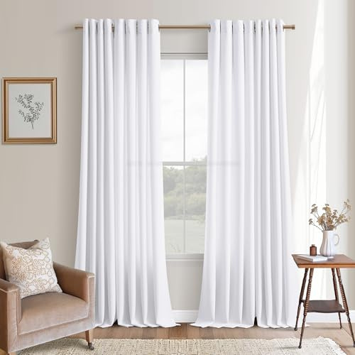 Extra Long White Curtain 120 Inches Long 2 Panels Set Eyelet Grommet Light Filtering Textured Curtain Modern Farmhouse Coastal Decor Snow White Linen Drapes 120 Inch Length for Large Window 10 FT