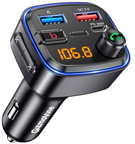 Gizmovine Bluetooth Adapter Auto, FM Transmitter mit HiFi Bass Sound & KFZ Freisprecheinrichtung, USB C QC PD 30W, 12 Volt Car Radio Zigarettenanzünder Stecker, Autoradio Adapter, MP3 Musik Player