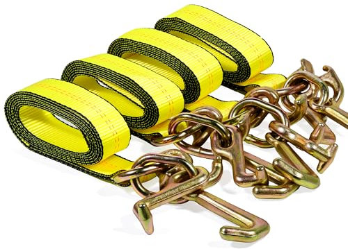 4pcs Tie Down Straps with Hooks, 8ft x 2in Tow Truck Straps, 3 RTJ Chain Hooks, Heavy Duty 10,000 lbs Truck Winch Tie Down for Car Hauler Transport Wheel Lift Towing Accessories