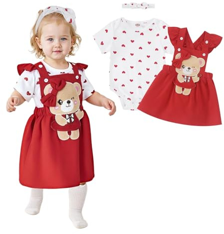 Babykläder för kvinnor, babykläder för flickor, babykläder volang nyckelpiga björn bi kortärmad klänning pannband nyfödd set 0–18 månader, Björnar-röd, 0-3 M�nader