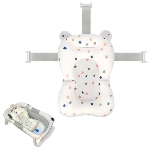 Cojín para Bañera de Bebé – Asiento Ergonómico Ajustable y Portátil con Malla Antideslizante, Almohada Reductora, Hamaca de Ducha con Diseño de Estrellas (Blanco)
