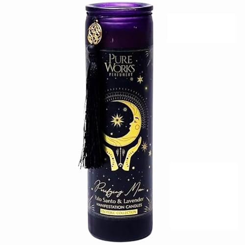 LivuX Candela a forma di luna pulente, 80 ore, vetro con nappa, 20 x 5,5 cm, colata a mano, cera di soia e palma, oli essenziali, palo santo e lavanda aroma, candela rituale per fasi lunari, 300 g