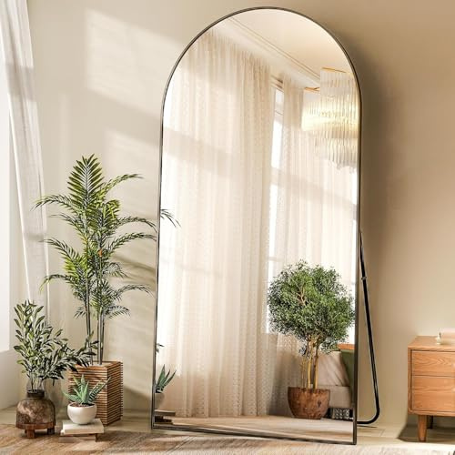 Koonmi Arched Full Length Mirror, Right Angle Design, Large Size 171×76cm, Full Length Mirror with Stand, Made of Tempered Glass Suitable for Bedroom, Entryway, Living Room, Black