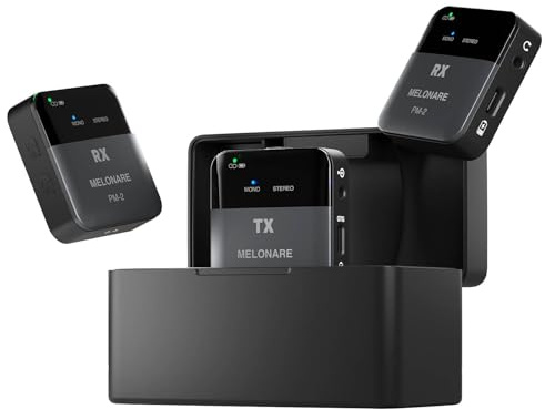 MELONARE PM-2 - Sistema portatile wireless in ear monitor con custodia di ricarica, trasmettitore e ricevitore audio wireless, audio 24 bit/48 kHz, ingresso OTG, interruttore mono/stereo, IEM per