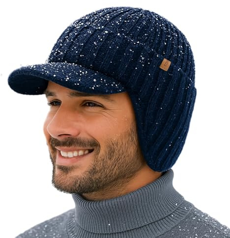 TOP-EX DryKnit™ gorra impermeable de 80% lana merina para hombre, gorro de invierno con forro polar y orejeras, M-XXL, azul, M-L