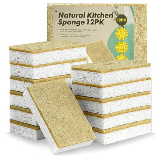 Esponja de cocina para lavar platos, 12 unidades, esponja de limpieza natural de celulosa y coco, esponja de borrador de suciedad de dos caras y resistente a los arañazos para cocina, vajilla, baño