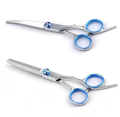 2 Pack Dog Grooming Scissors Set with Safety Round Tips Thinning Shears and Curved Scissors Stainless Steel Pet Grooming Kit for Long Short Hair for Dogs and Cats (Blue)