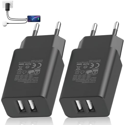 Lot de 2 Chargeur USB Mural 2 Ports 5V/2A 10W, Adaptateur Secteur USB Prise 100-240V, Prise Secteur USB Chargeur USB Double Compact pour Smartphones Tablettes Powerbank Casques