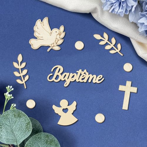 Decoration Bapteme, Deco Bapteme Confettis en Bois, Décoration de Table avec Ange, Croix, Colombe, Feuilles Decoration Table