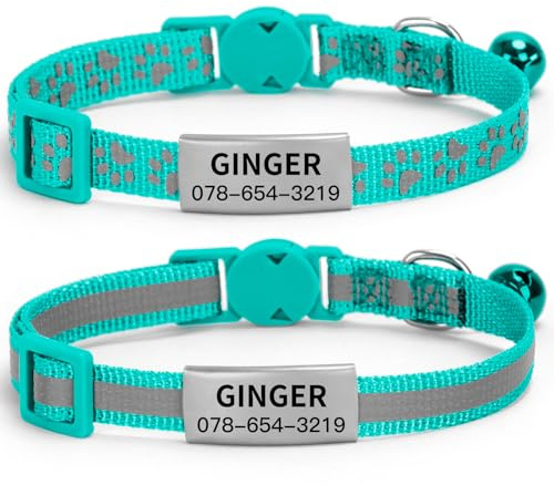 2-pack personligt reflekterande katthalsband med namnetikett, snabbfrigörande kattungehalsband med klocksäkerhetsspänne, justerbara nylonkattkragar för katter kattungar UK Prime (20,5–30 cm, mörkgrön)