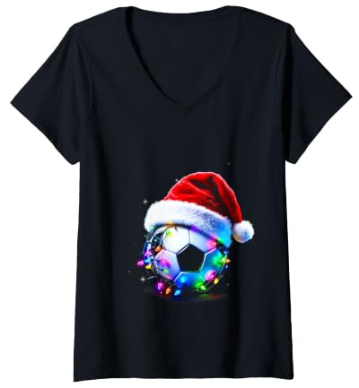 Femme Ballon de Football Festif avec Bonnet de Père Noël et lumières T-Shirt avec Col en V