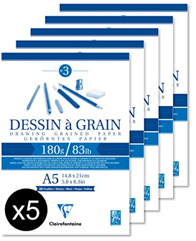Clairefontaine 96626C - Packung mit 5 Blöcken geleimt Zeichenpapier gekörnt, 30 Blatt DIN A5, 180g, weiß, 1 Pack