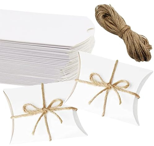 50 Piezas Cajas de Papel para Dulces, Cajas de Regalo de Papel Creativas, Caja de Almohada de Dulces de Boda, Papel Creativo Caja de Dulces Papel Dulce con Cuerda para Boda, Fiesta, Navidad (Blanco)