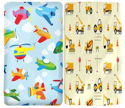Hiseng 2 Stück Baby Spannbettlaken Bettlaken für Oval & Eckige Matratzen, Weiche Mikrofaser Spannbettlaken Kinderwagen Matratzenschoner für Beistellbett & Kinderwagen (Flugzeuge und Bagger,40x80cm)