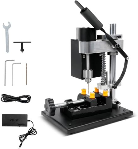 Mini Taladro de Columna, Taladro de banco de 200 W con 7 velocidades, carrera de perforación 50 mm, motor 795 y 0,3-4 mm portabrocas, taladro de mesa de 10000 rpm con tornillo de banco, enchufe UE