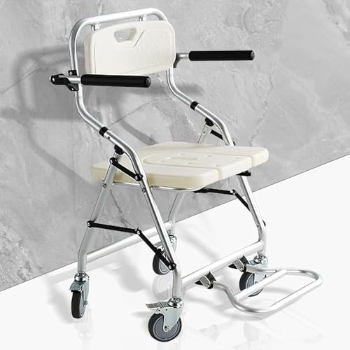 Duschstol för funktionshindrade, fyra hjul med bromsar + pedaler, 150 kg äldre duschstol med hjul, rullstol för dusch, hopfällbar stol för badrum