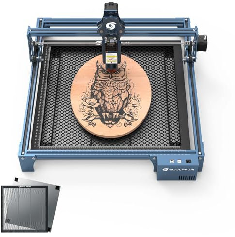 SCULPFUN S9 5W Lasergravyrmaskin, lasergravyrmaskin med 400 x 400 mm bikakeplatta, rök- och dammutsug, 0,06 mm, ultrafin komprimerad spets, lasergravyr, stansmaskin