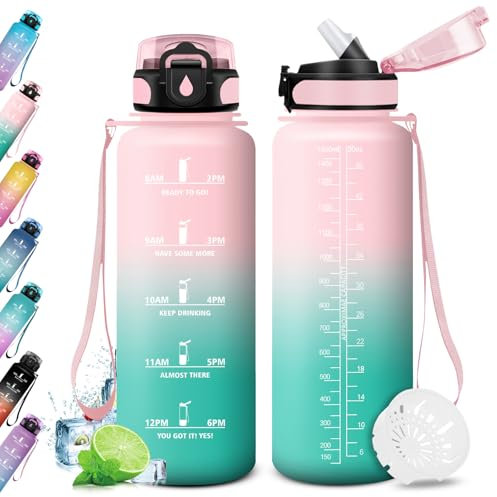 Bouteille d'eau 1.5L, Gourde Sport avec Paille, Gourde Motivation, Bouteille Reutilisable, Gourde Marqueur de Temps, Bouteille d'eau Sport Étanche, pour Fitness, Bureau, l'école, Yoga, Sport
