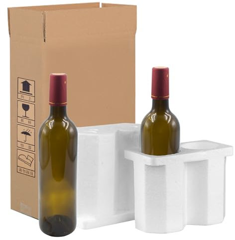 1 Stück Flaschenversandkarton für 2 Flaschen mit Schaumstoffeinlagen, Glasflaschen, Korken und Flaschenhüte Wein Verpackungsbox Weinflaschen Schutz Transport sichere 23x12x38 cm